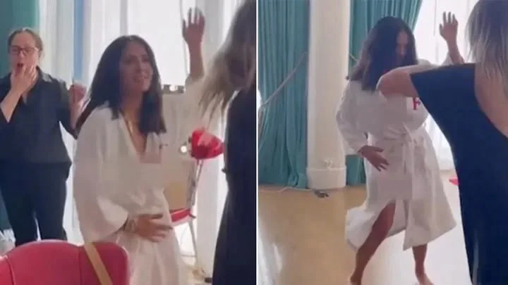 Salma Hayek Suffers NSFW Bathrobe Malfunction While Dancing To Celebrate Her 24 Million Followers